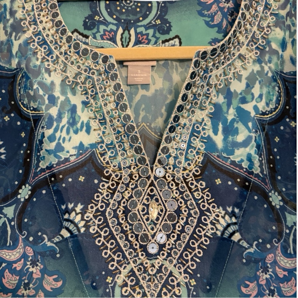 NWOT Chico’s Embellished Sheer Tunic Blue Paisley Boho Top Size 3 XL 16/18 - Picture 5 of 11